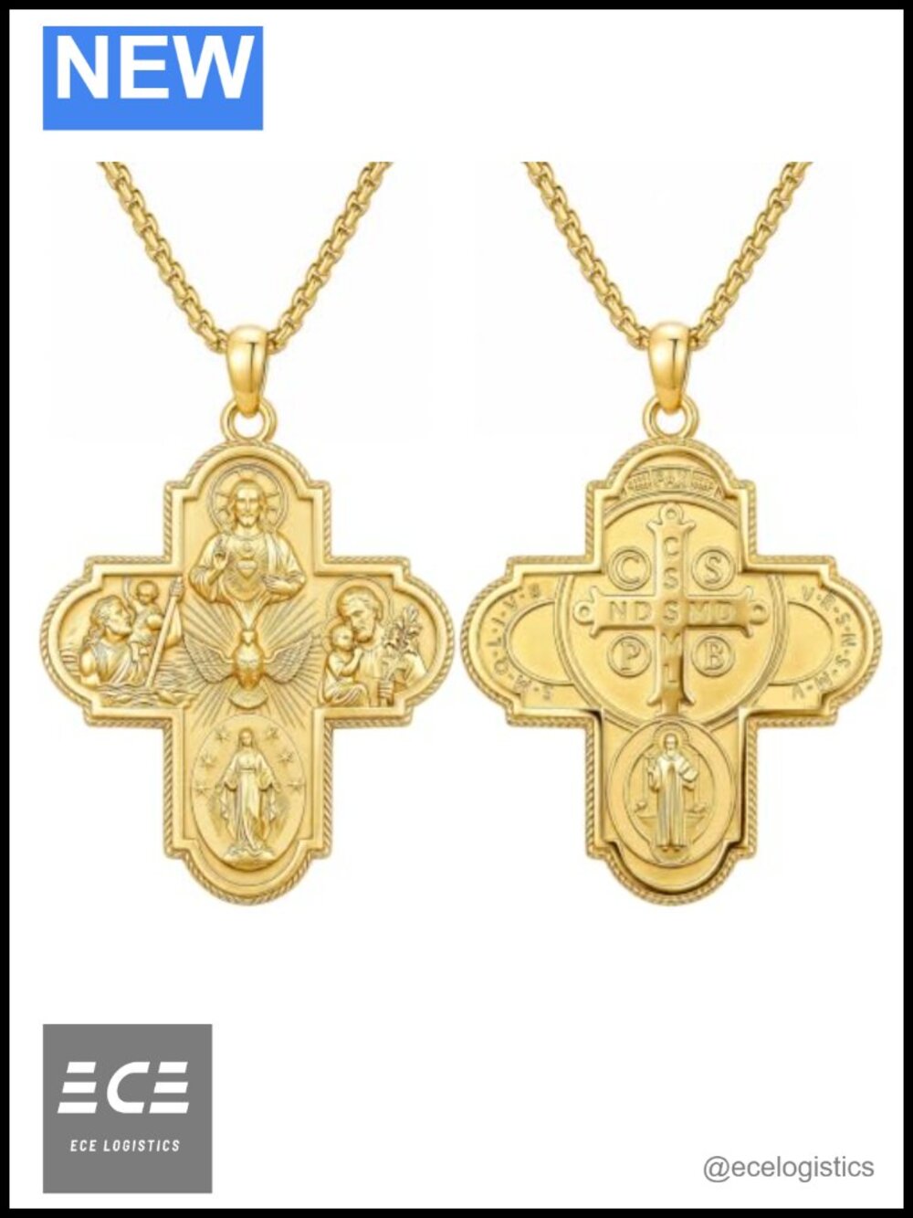 14K Gold Plated Four Way Cross Pendant Necklace 22in Adjustable Chain